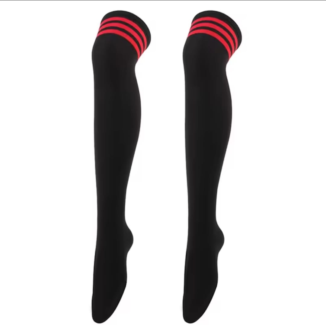 Black and red over the knee socks for pole dancers – 60cm thigh-high design with red stripes, ideal for floorwork, choreography, and Pleasers.
