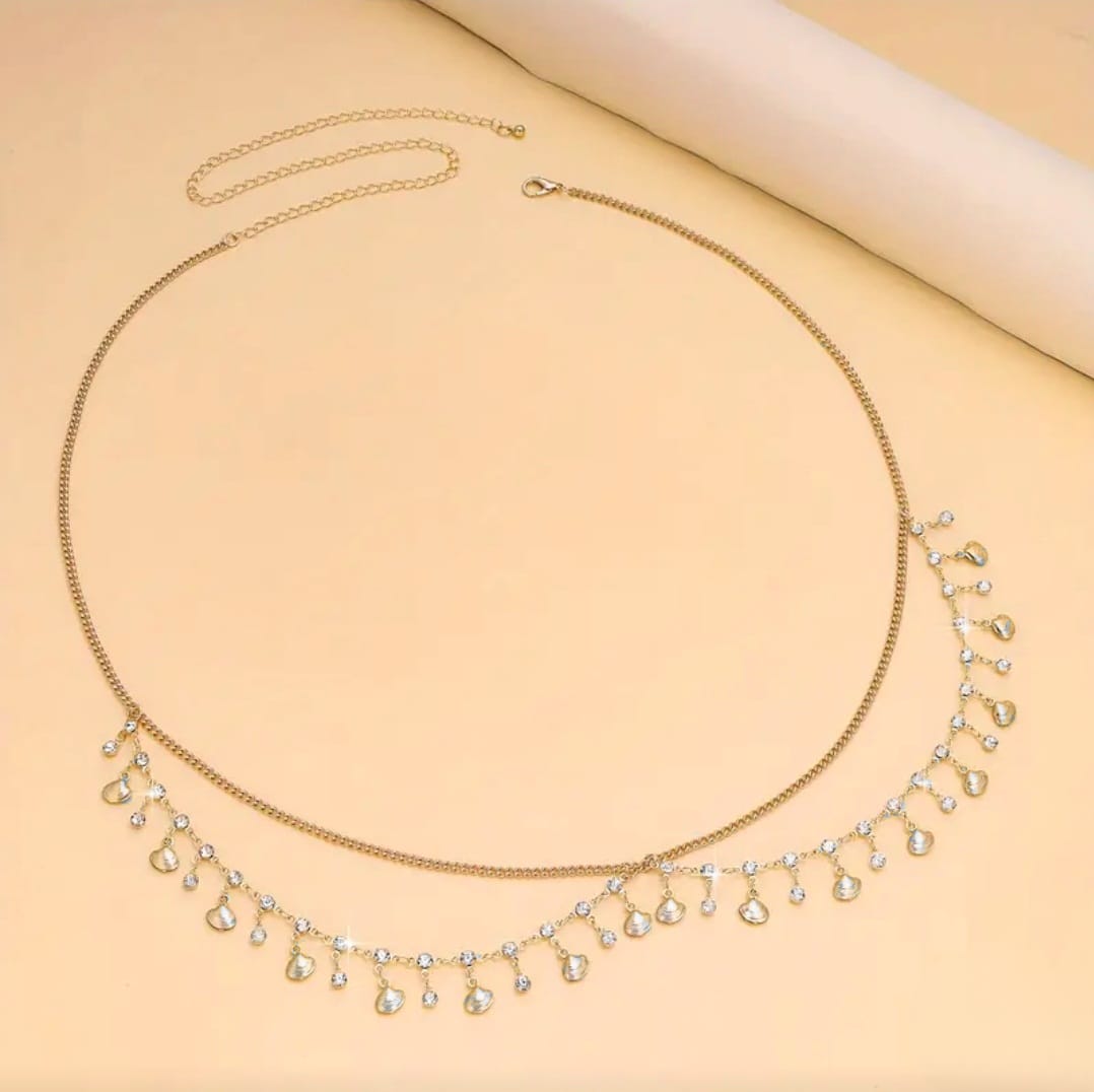 14k gold plated shell belly chain for pole dance worn by model, pole dance, pole fitness, pole dance gift, pole dance jewellery, pole life