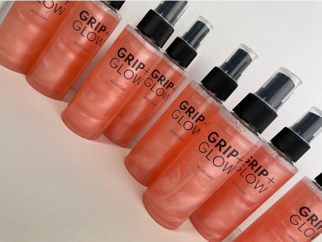 Grip + Glow Dewy/Tacky Body Grip - Feelin’ Peachy (100ml/Travel Size), Pole dance grip, Body grip for pole fitness. Grip + Glow Body grip bottle. Allergen free pole grip.
