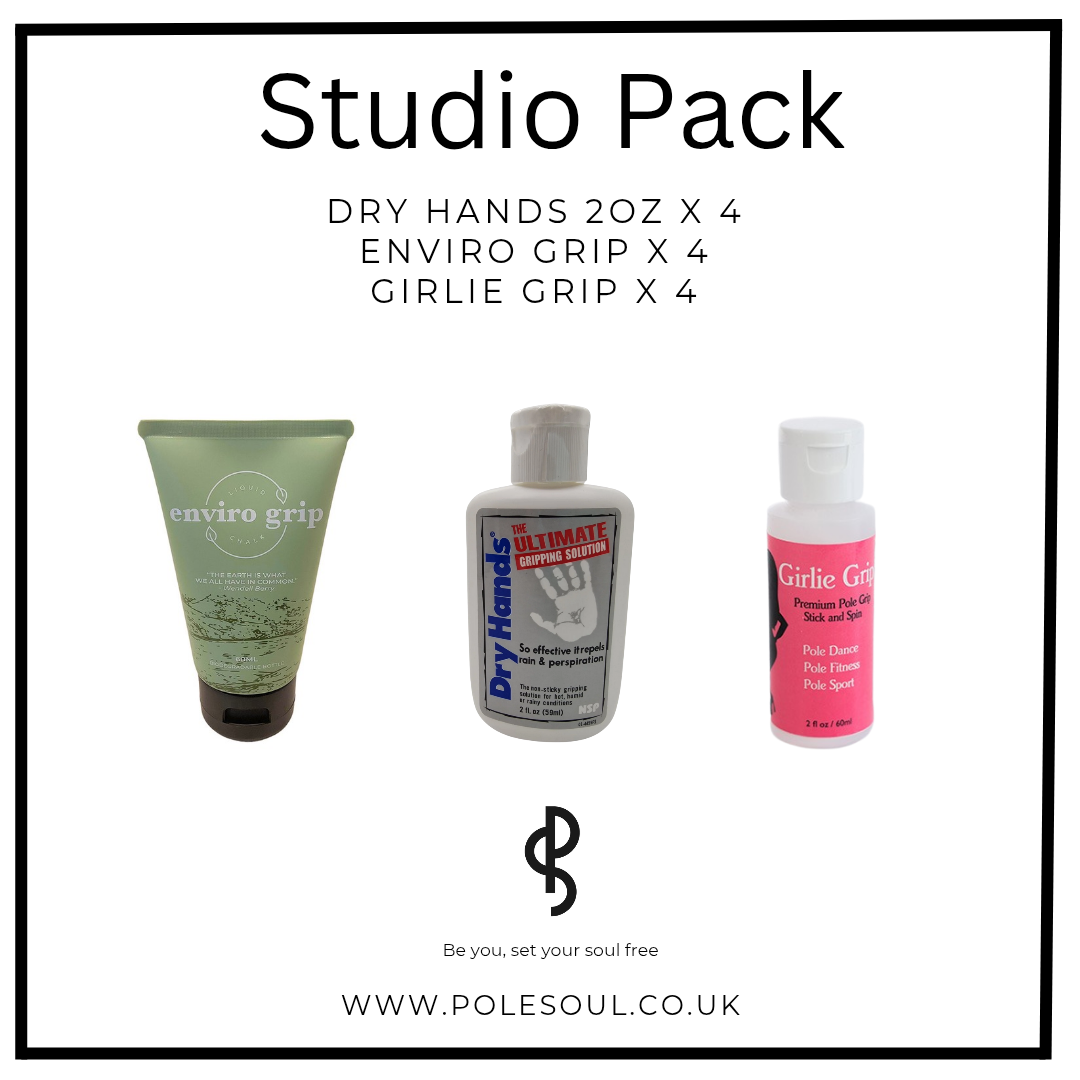 Studio Grip Pack for pole dance studios. Dry Hands, enviro grip and Girlie grip studio pack for pole dance and pole fitness.