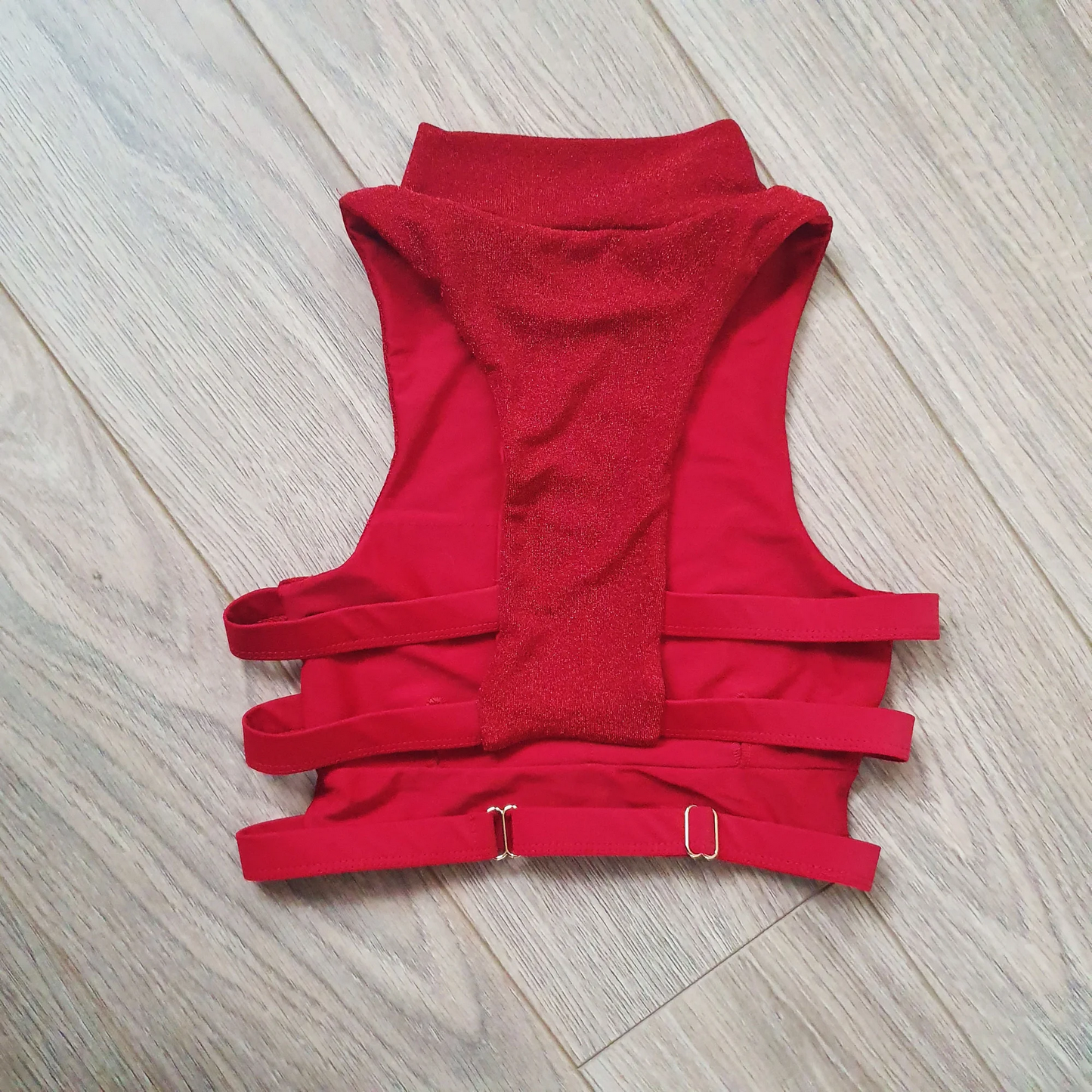 Glitter Red High Neck Pole Dance Top - Back view showing the full coverage and elegant glitter detail of the top. Pole wear, Pole top, pole outfit, pole junkie, pole dance, pole fitness.