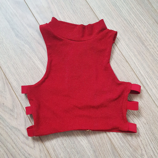 Glitter Red High Neck Pole Dance Top - Front view highlighting the dazzling red glitter overlay and high neck design. Pole wear, Pole top, pole outfit, pole junkie, pole dance, pole fitness.