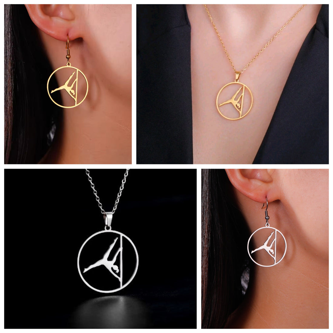 Pole dancer jewellery set, pole dance necklace and earrings, pole dancer gift set UK, pole fitness jewellery, Iron X necklace, Iron X earrings, gold pole dance jewellery, silver pole dance jewellery, pole accessories UK