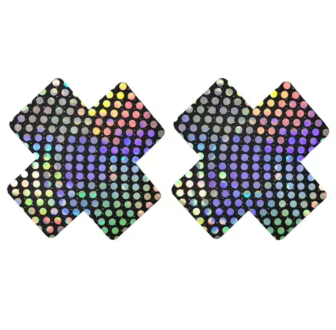 8cm X-shaped glitter pasties in deep black, designed for bold pole wear and confident styling, accessories for pole dancers, skripper pasties, stripper accessories, nipple pasties pole dance nipple covers