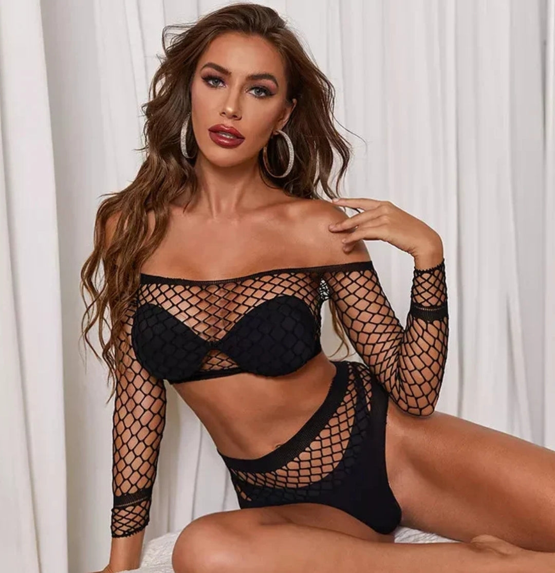 Bold Black Fishnet Two-Piece Pole Outfit – Sizzling Statement Set, pole dance set, pole dance outft