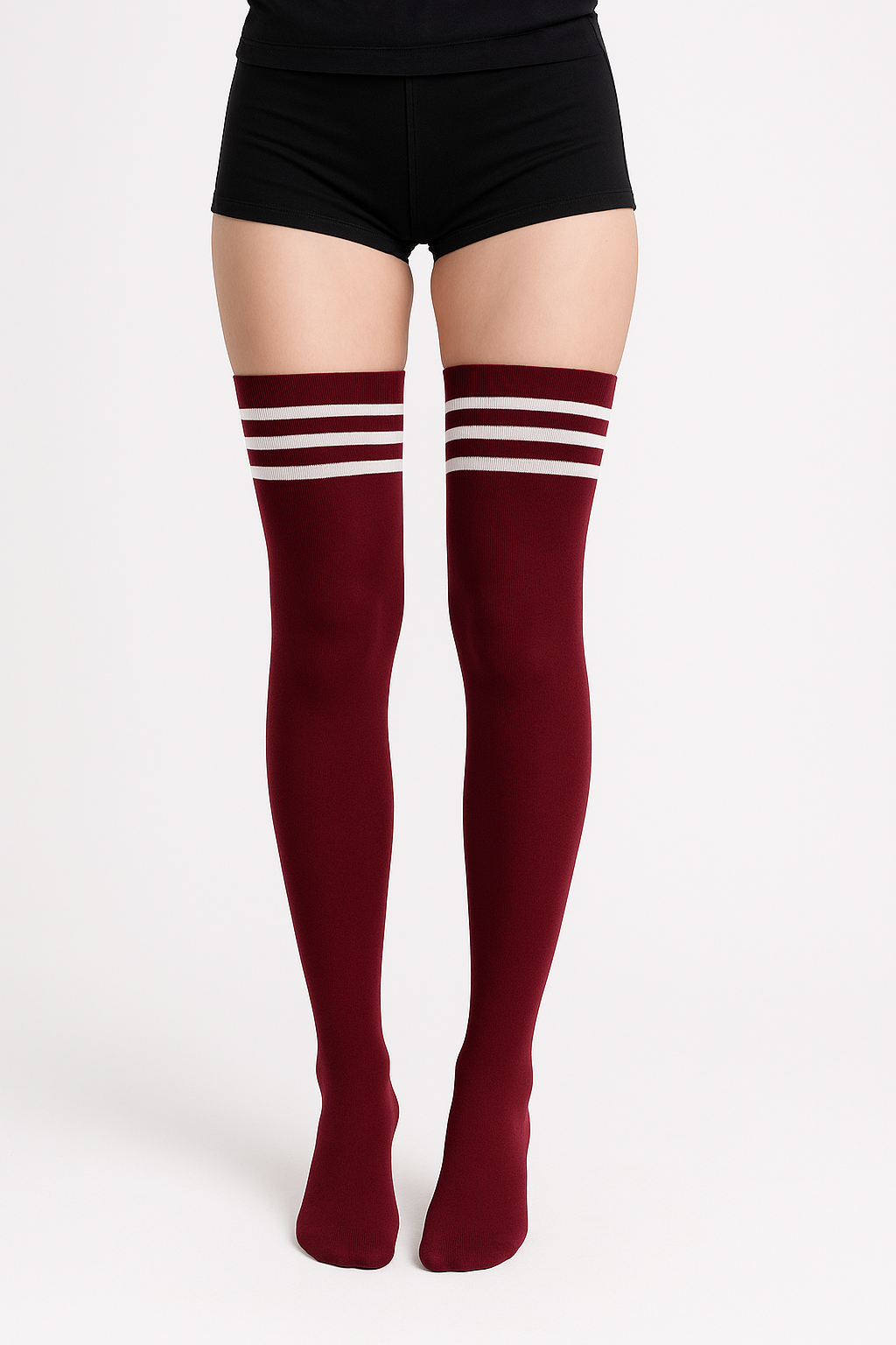Burgundy Over the Knee Socks – 60cm Thigh-High Style for Pole Dance, Floorwork & Choreography – Soft & Stretchy with White Stripes
