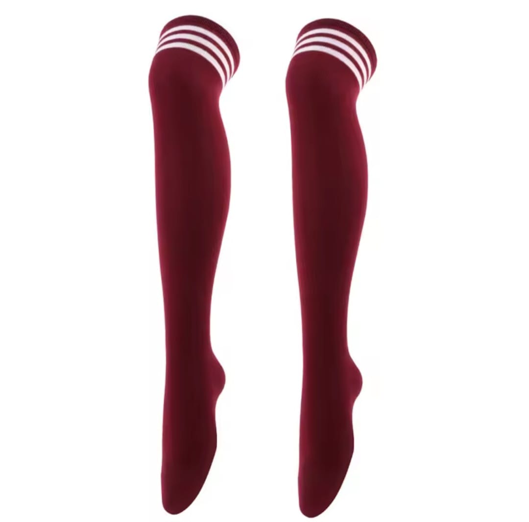 Burgundy Over the Knee Socks – 60cm Thigh-High Style for Pole Dance, Floorwork & Choreography – Soft & Stretchy with White Stripes