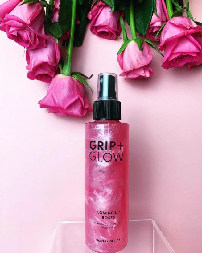 Grip + Glow Dewy/Tacky Body Grip - Coming Up Roses (100ml/Travel Size), vegan, alcohol-free, non-sticky pole dancing grip aid for pole fitness, training, and performances. Sweat-resistant and perfect for dry skin. Pole Gance Grip aid.