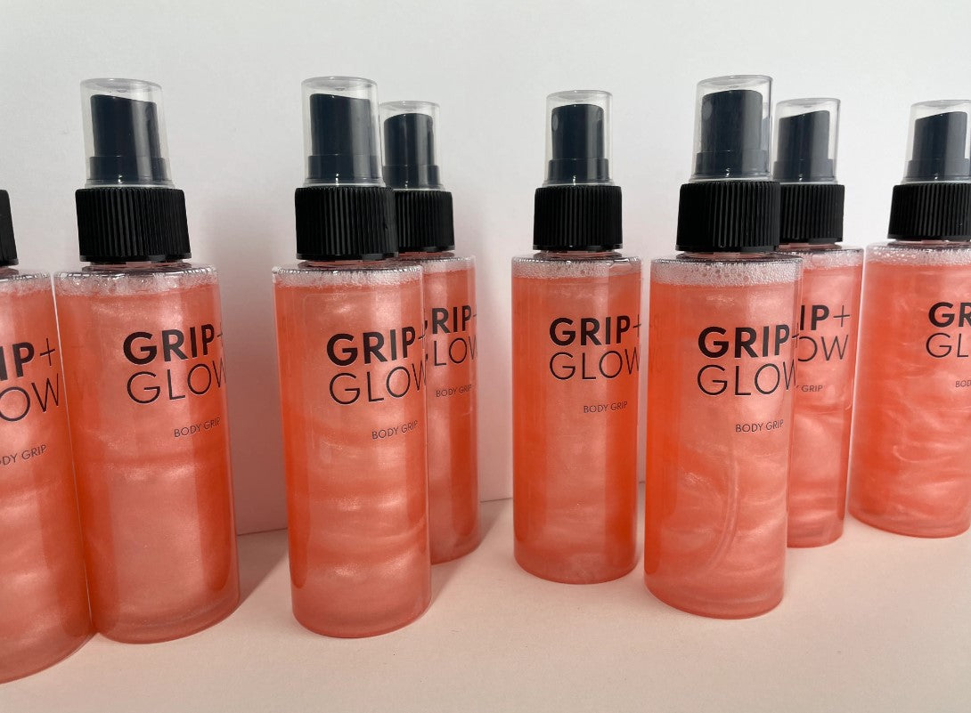 Grip + Glow Feelin' Peachy tacky body grip (100ml) – vegan, alcohol-free, non-sticky pole dancing grip aid for pole fitness, training, and performances. Sweat-resistant and perfect for dry skin.