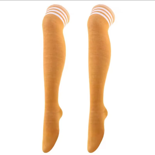 Mustard over the knee socks with white stripes – 60cm thigh-high pole dance socks, ideal for choreography, floorwork, and pole fitness routines.