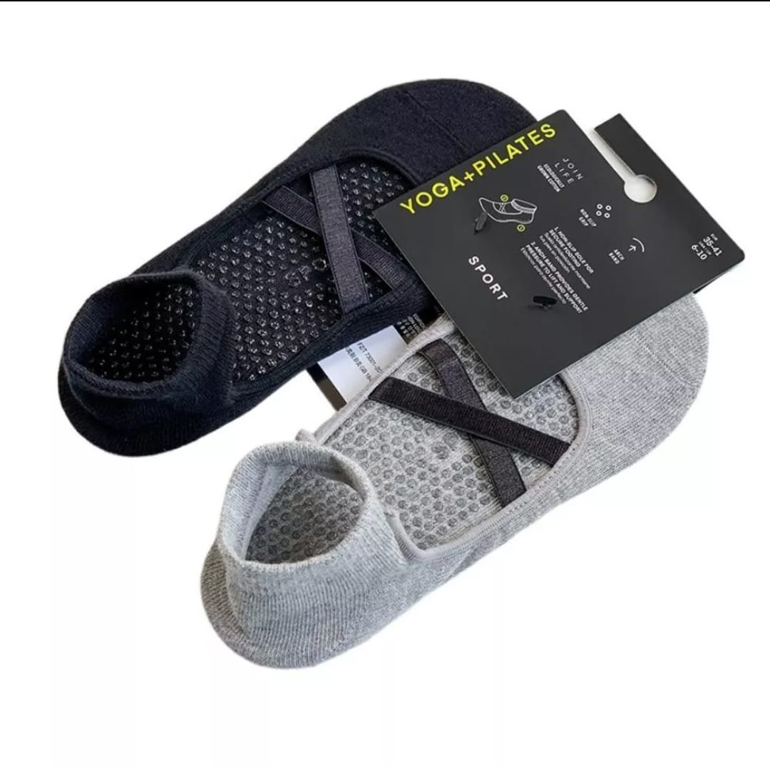 2 pack pole dance grip socks with ballet straps in Black & Grey – Non-slip socks for pole fitness and yoga.