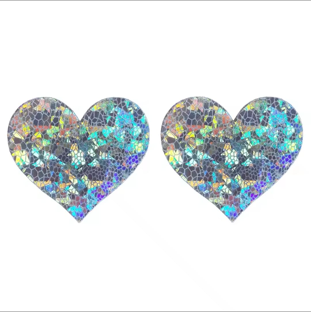 reflective mosaic heart nipple pasties with a mermaid scale pattern, nipple covers, accessories for pole dancers, skripper pasties, stripper accessories
