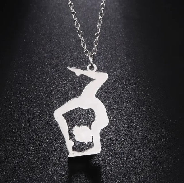 Polished Stainless Steel Gemini Pole Dance Necklace with pendant depicting a pole dancer in an inverted pose