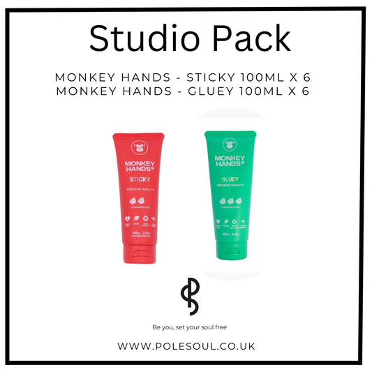 Studio Pack, Grip aids for pole dance, pole dance chalk, grip for pole dance and pole fitness. monkey hands studio pack, monkey hands sticky, monkey hands gluey