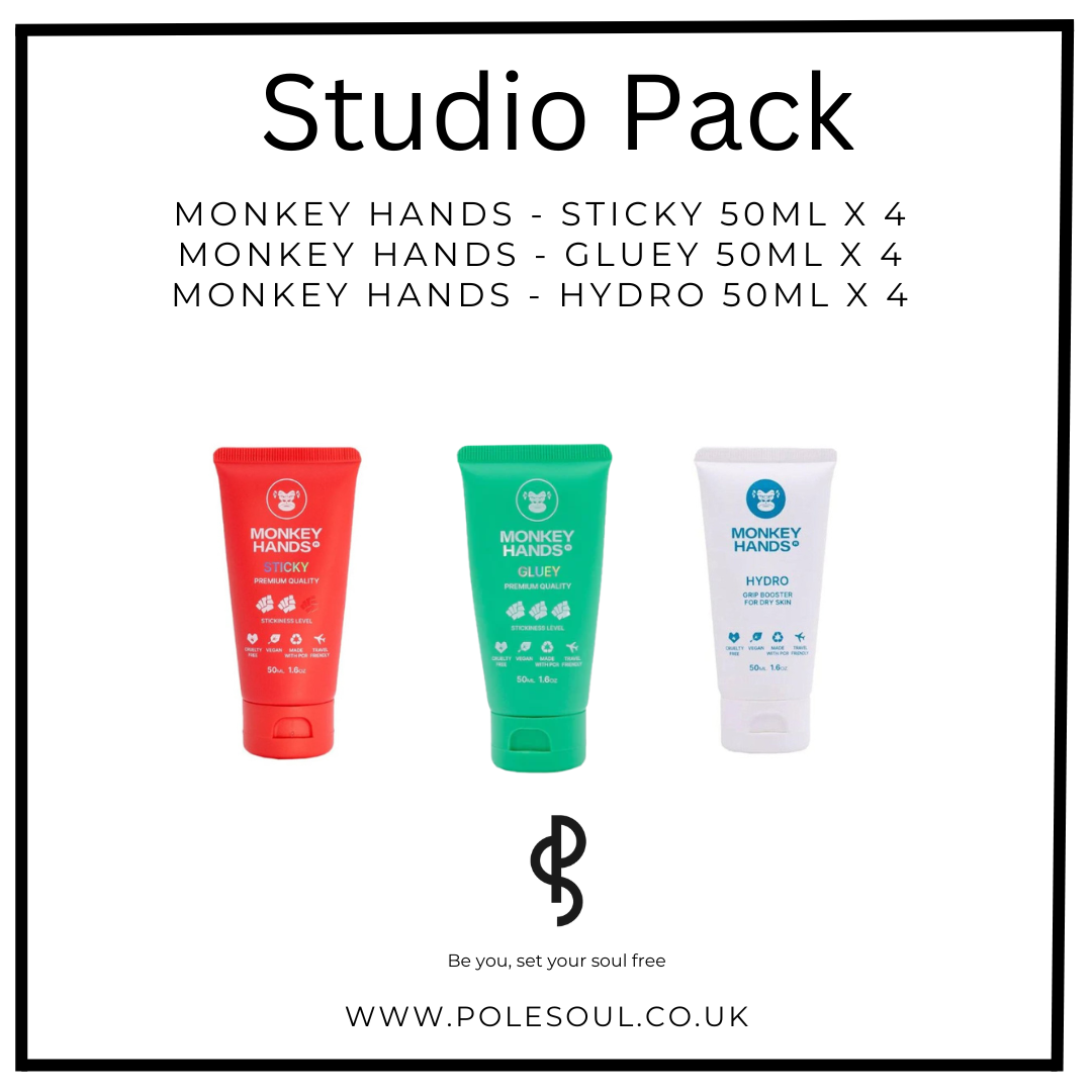 Studio Pack, exclusive to pole soul. Monkey hands sticky, monkey hands hydro, monkey hands hydro. Pole grips for pole dance and pole fitness.