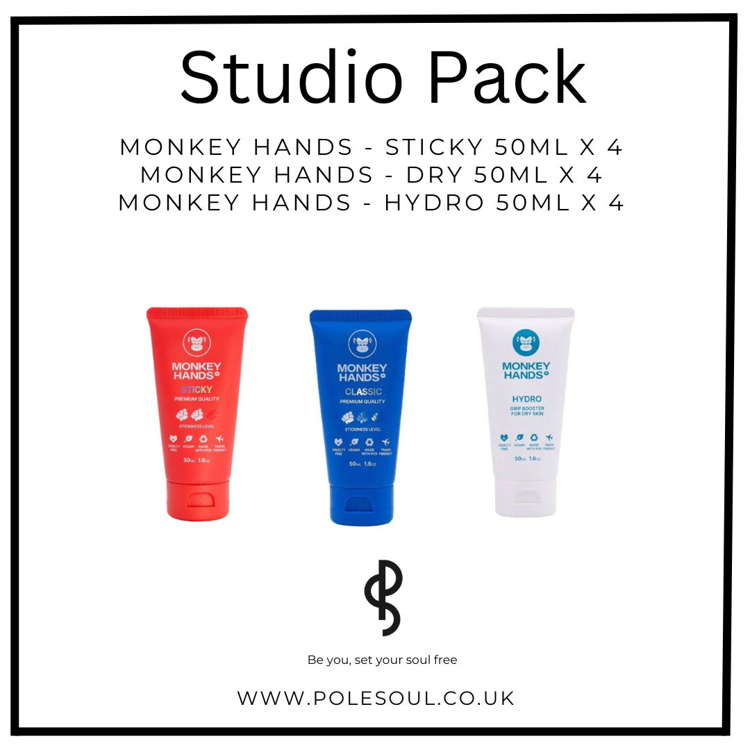 Pole dance grips, pole fitness grips, grip chalk, grip aids, monkey hands studio pack, monkey hands sticky, monkey hands dry, monkey hands hydro, dry hands