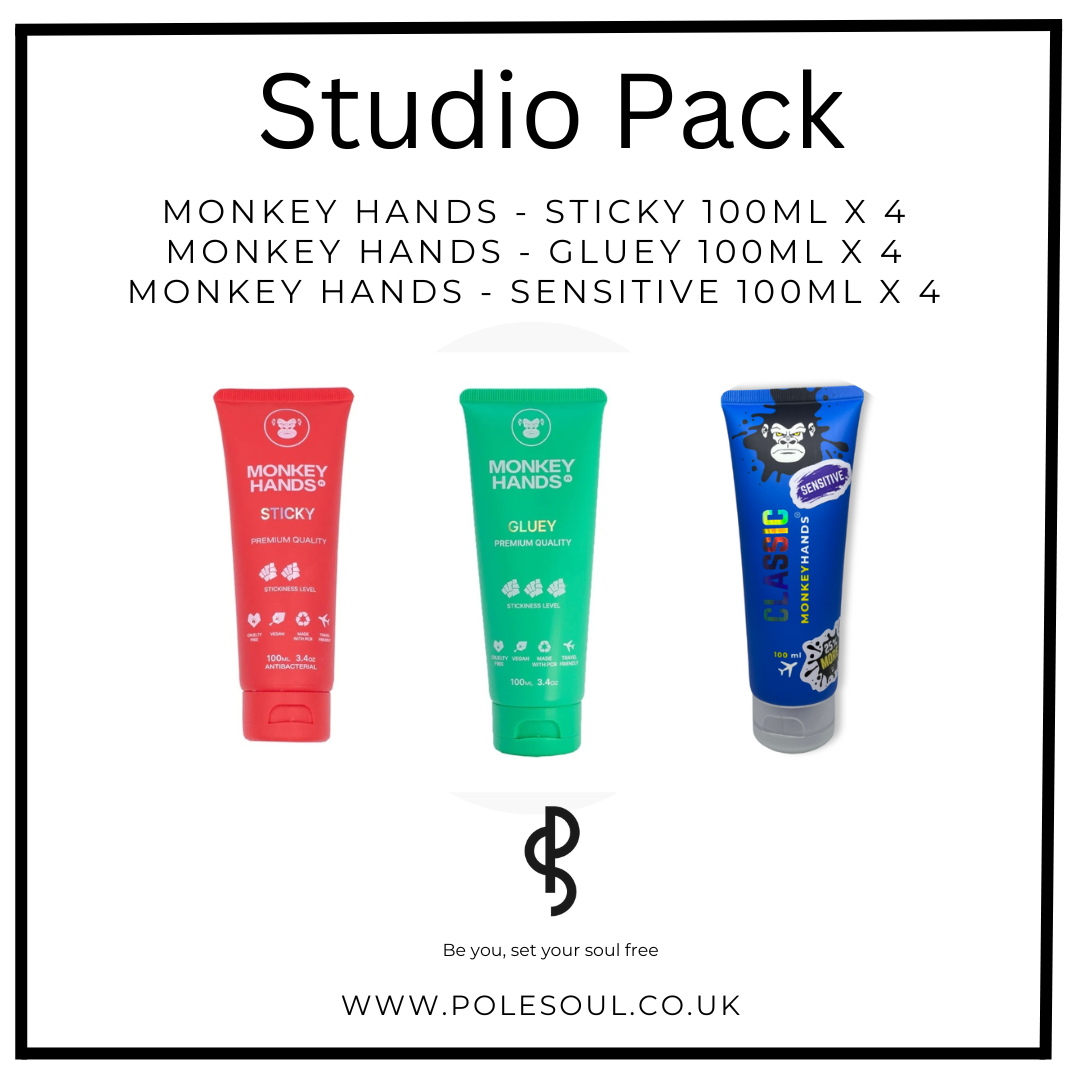 Studio Packs, Monkey hands studio packs, monkey hands sticky, monkey hands gluey, monkey hands sensitive, monkey hands classic, pole dance grips, pole dance hand chalk