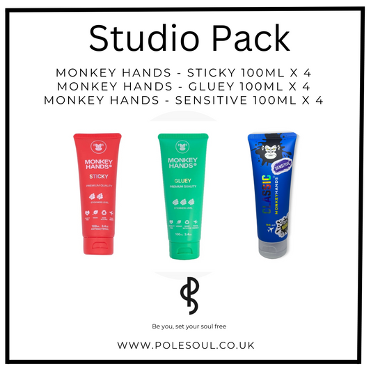 Studio Packs, Monkey hands studio packs, monkey hands sticky, monkey hands gluey, monkey hands sensitive, monkey hands classic, pole dance grips, pole dance hand chalk