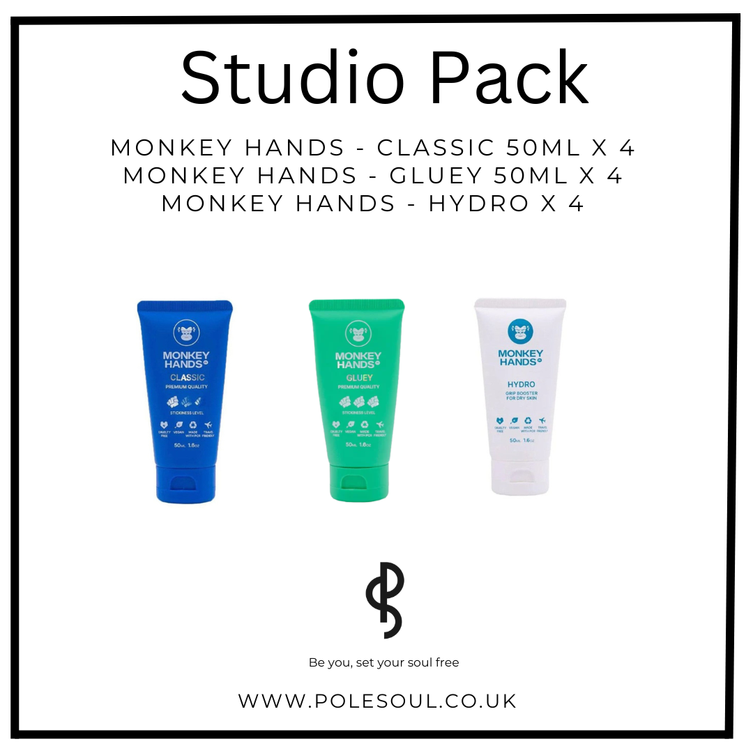 Monkey hands studio pack, pole grips for pole dance and pole fitness. Monkey hands classic, monkey hands gluey and monkey hands hydro.