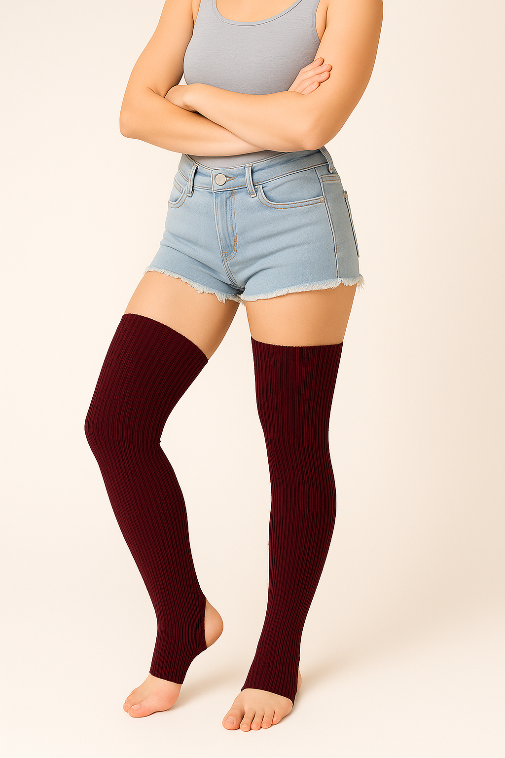 Thigh High Leg Warmer with Stirrups in red, Pole Dancer Leg Warmers