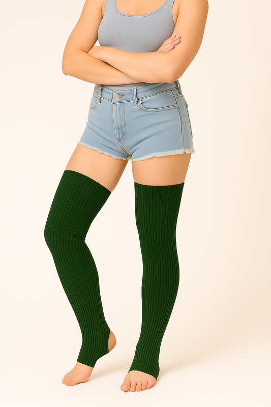 Thigh High Wool Leg Warmers with Stirrups - Forest Green