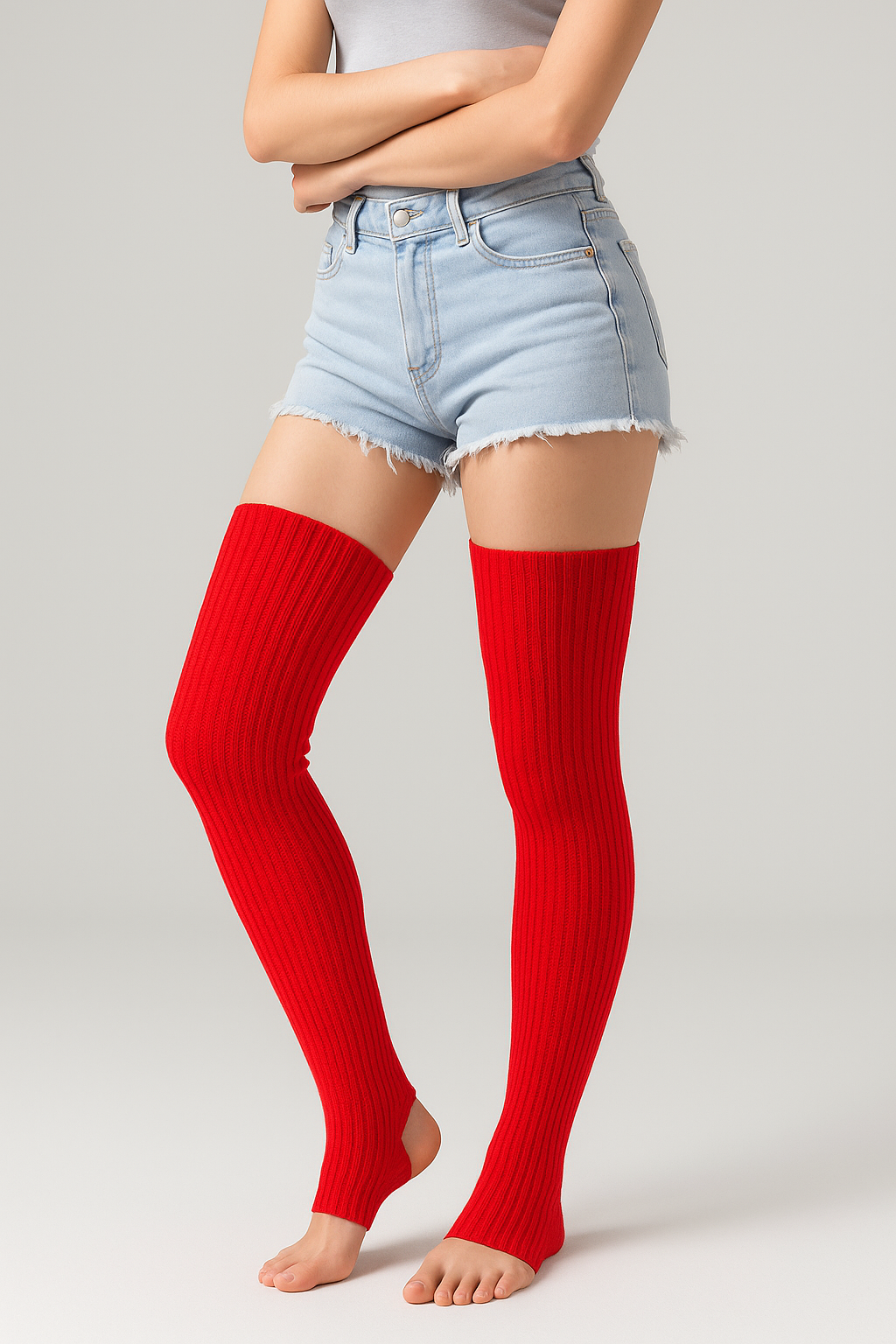 Thigh High Leg Warmer with Stirrups in Red, Pole Dancer Leg Warmers