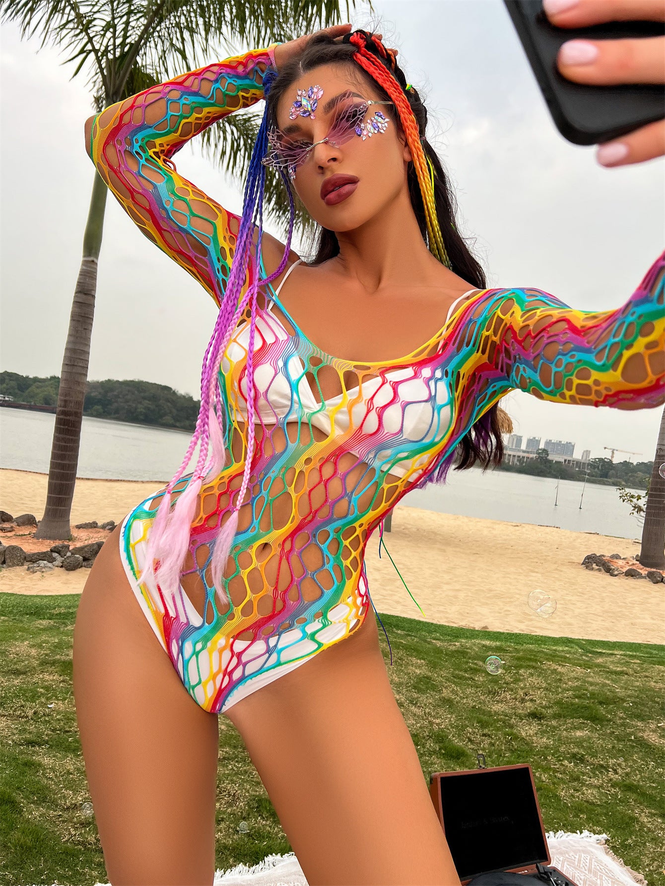 Rainbow pole outfit, Fishnet pole dancing bodysuit, Festival bodysuit, One size polewear, Colourful pole dance costume, Pole fitness clothing UK