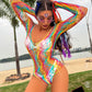 Rainbow pole outfit, Fishnet pole dancing bodysuit, Festival bodysuit, One size polewear, Colourful pole dance costume, Pole fitness clothing UK