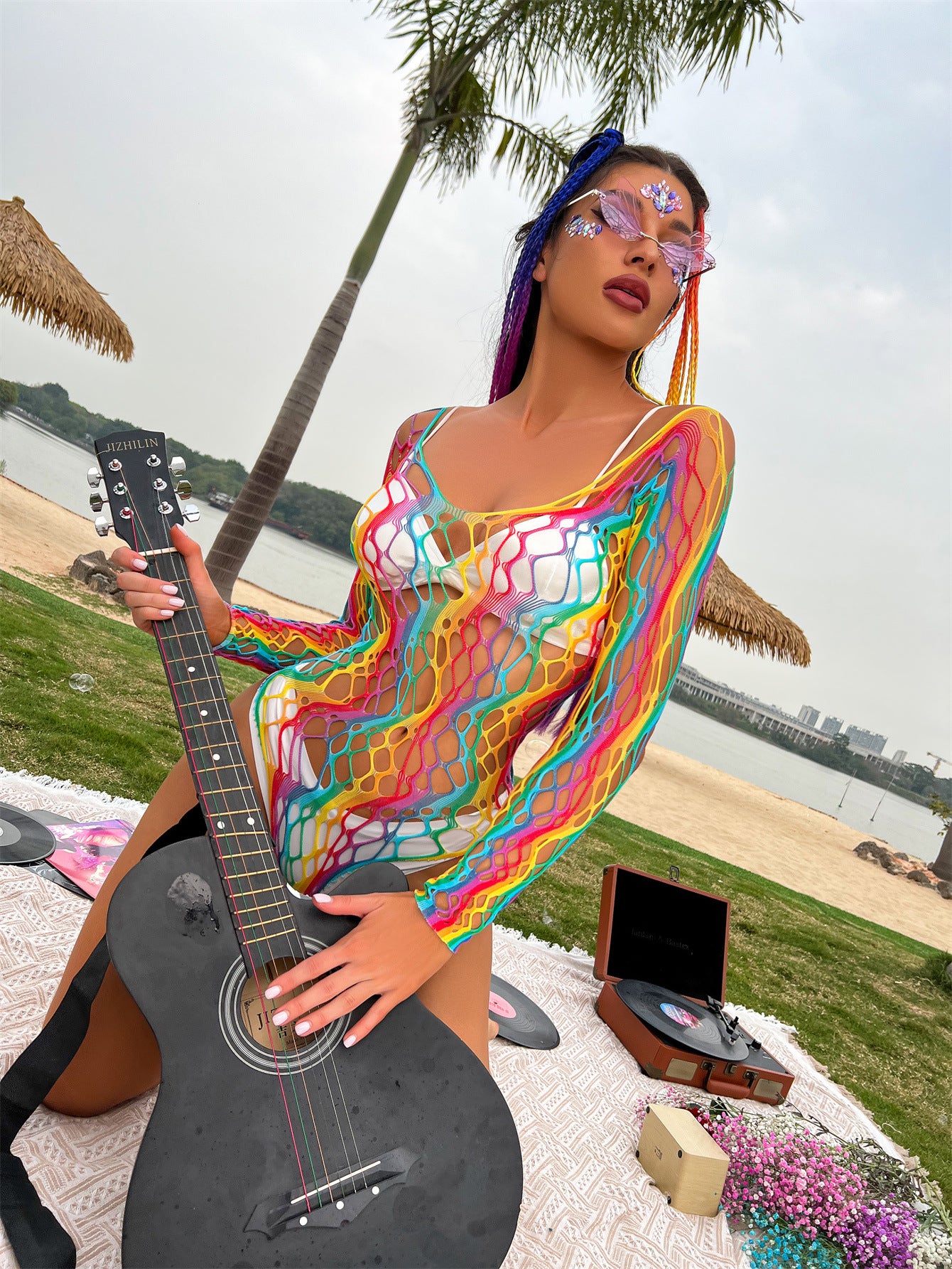 Rainbow pole outfit, Fishnet pole dancing bodysuit, Festival bodysuit, One size polewear, Colourful pole dance costume, Pole fitness clothing UK