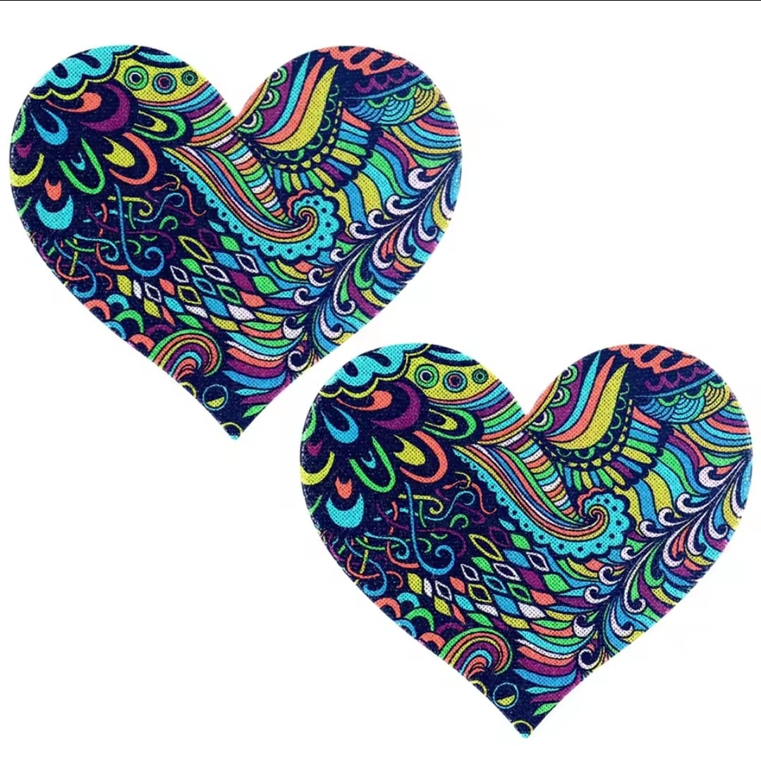wild pulse colourful heart nipple pasties with a mermaid scale pattern, nipple covers, accessories for pole dancers, skripper pasties, stripper accessories