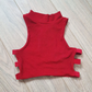 Glitter Red High Neck Pole Dance Top - Front view highlighting the dazzling red glitter overlay and high neck design. Pole wear, Pole top, pole outfit, pole junkie, pole dance, pole fitness. 