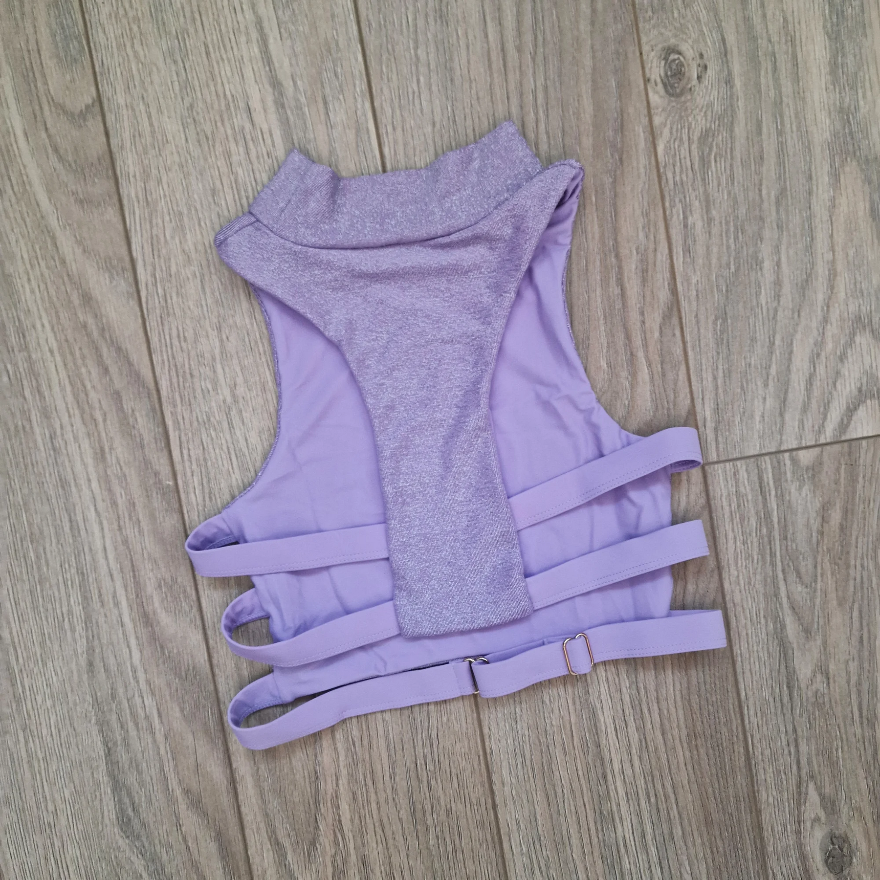 Back view of Limited Edition Luscious Lilac Glitter High Neck Pole Dance Top – Features full coverage and a seamless design with shimmering lilac glitter.